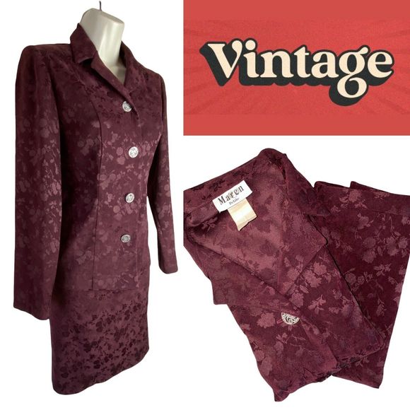 Vintage 2 Piece Skirt Suit Floral Burgundy TAPESTRY Petite 6 - Picture 1 of 13